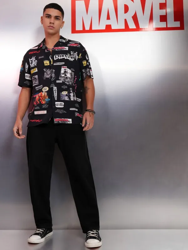 Marvel By Highlander Black Dealpool Family Printed Relaxed Fit Casual Shirt