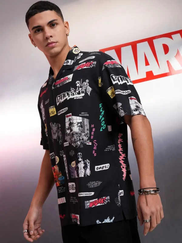 Marvel By Highlander Black Dealpool Family Printed Relaxed Fit Casual Shirt