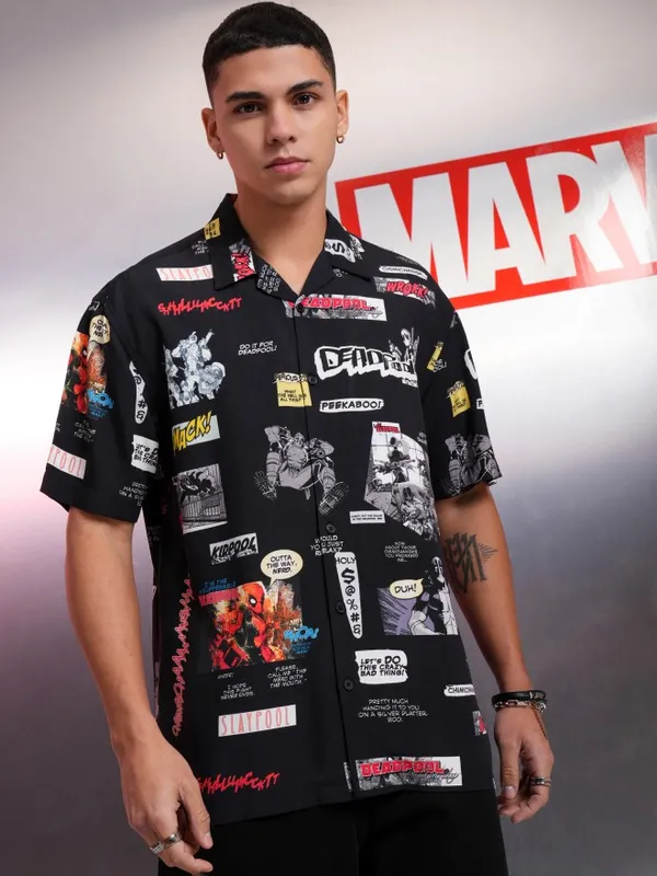 Marvel By Highlander Black Dealpool Family Printed Relaxed Fit Casual Shirt