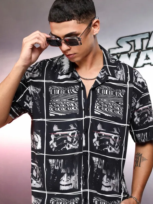 Star Wars By Highlander Men Black Darth Vader And Chewbacca Printed Relaxed Fit Casual Shirt