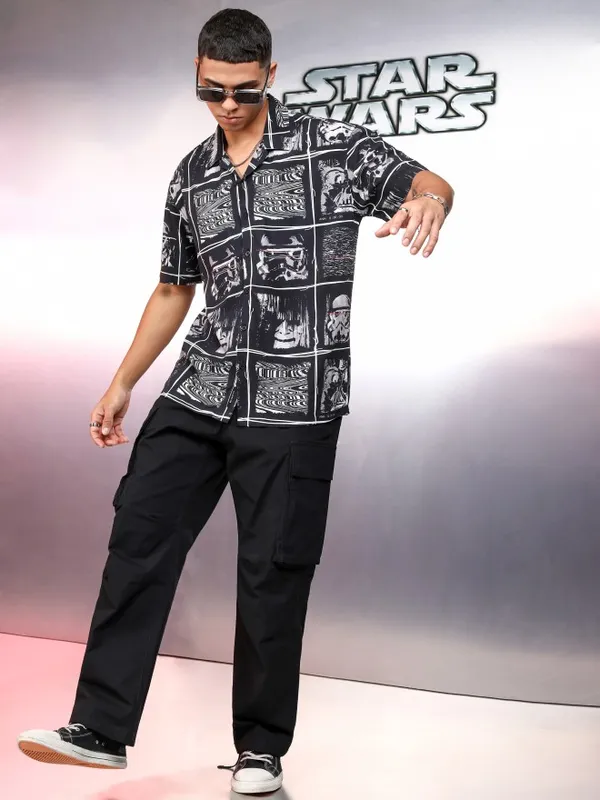 Star Wars By Highlander Men Black Darth Vader And Chewbacca Printed Relaxed Fit Casual Shirt