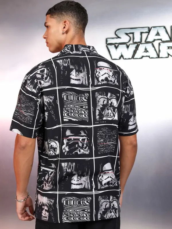Star Wars By Highlander Men Black Darth Vader And Chewbacca Printed Relaxed Fit Casual Shirt