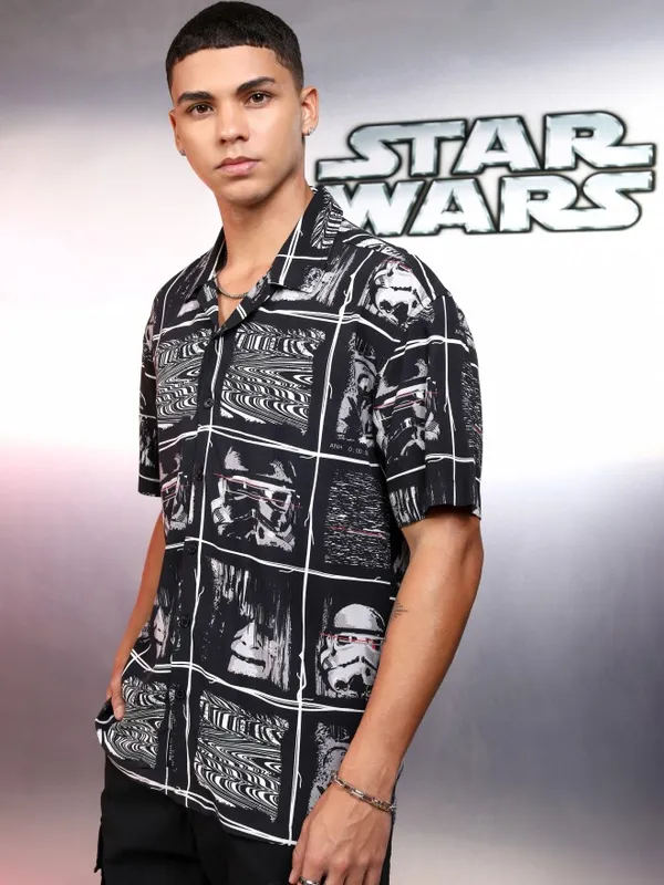 Star Wars By Highlander Men Black Darth Vader And Chewbacca Printed Relaxed Fit Casual Shirt