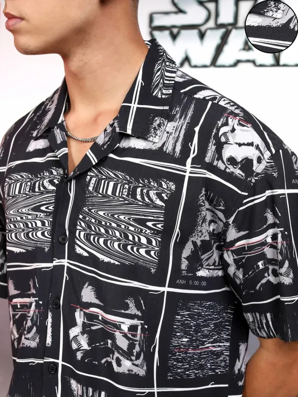 Star Wars By Highlander Men Black Darth Vader And Chewbacca Printed Relaxed Fit Casual Shirt