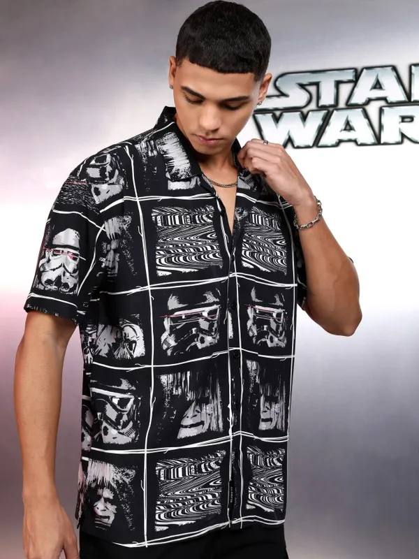 Star Wars By Highlander Men Black Darth Vader And Chewbacca Printed Relaxed Fit Casual Shirt