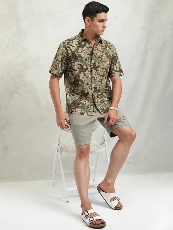 Highlander Men Khaki Printed Oversized Fit Casual Shirt