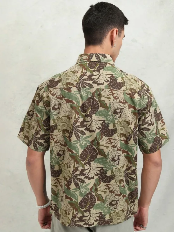 Highlander Men Khaki Printed Oversized Fit Casual Shirt