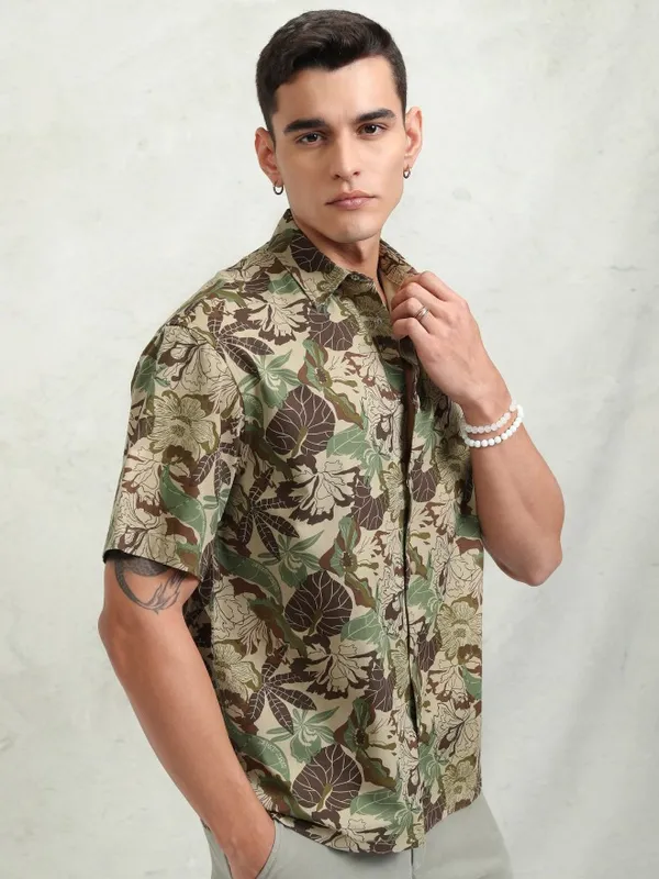Highlander Men Khaki Printed Oversized Fit Casual Shirt