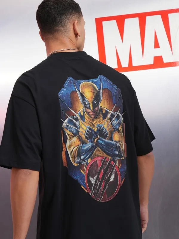 Marvel By Highlander Men Black Wolverine Printed Round Neck Oversized Fit T-Shirt