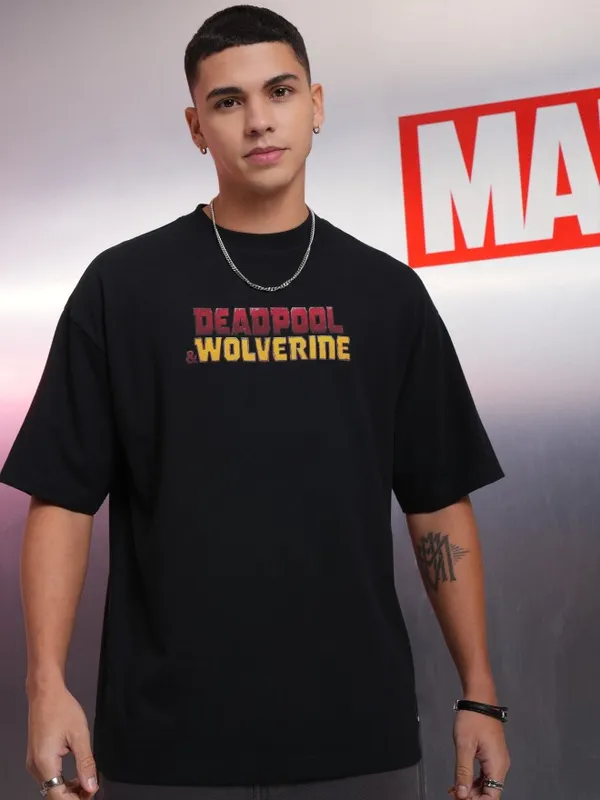 Marvel By Highlander Men Black Wolverine Printed Round Neck Oversized Fit T-Shirt