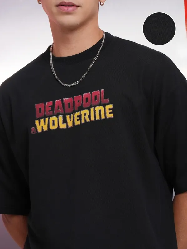 Marvel By Highlander Men Black Wolverine Printed Round Neck Oversized Fit T-Shirt