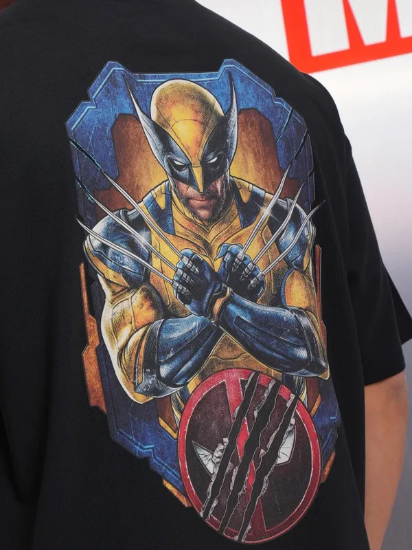 Marvel By Highlander Men Black Wolverine Printed Round Neck Oversized Fit T-Shirt
