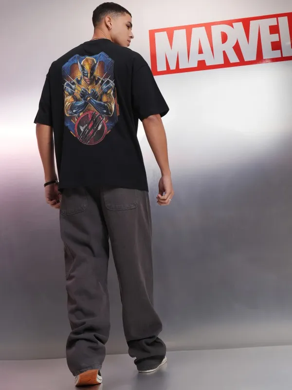Marvel By Highlander Men Black Wolverine Printed Round Neck Oversized Fit T-Shirt