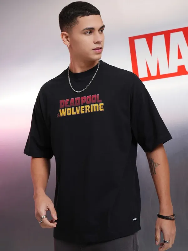 Marvel By Highlander Men Black Wolverine Printed Round Neck Oversized Fit T-Shirt