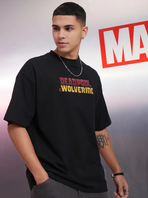 Marvel By Highlander Men Black Wolverine Printed Round Neck Oversized Fit T-Shirt