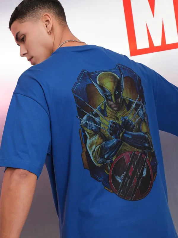 Marvel By Highlander Blue Wolverine Printed Oversized Fit T-Shirt