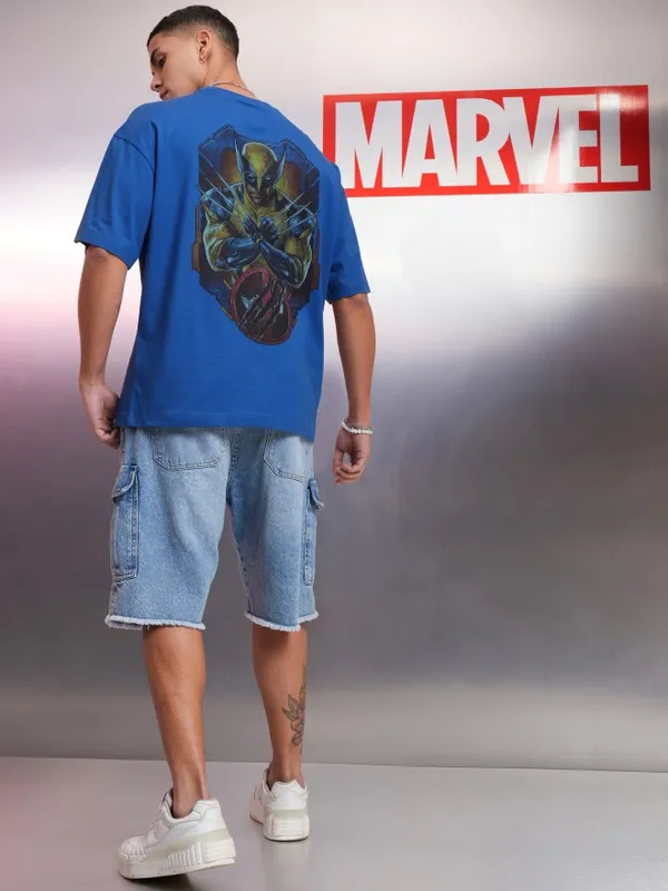 Marvel By Highlander Blue Wolverine Printed Oversized Fit T-Shirt