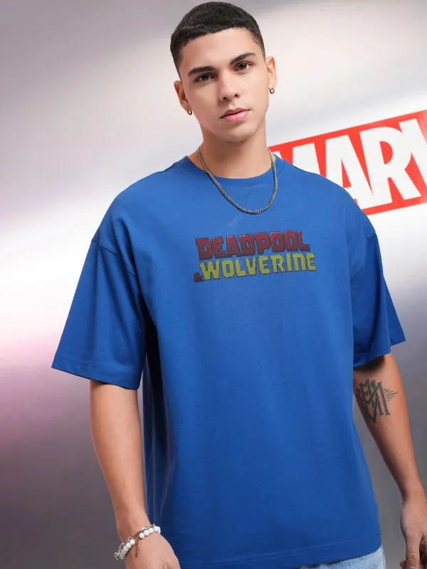 Marvel By Highlander Blue Wolverine Printed Oversized Fit T-Shirt
