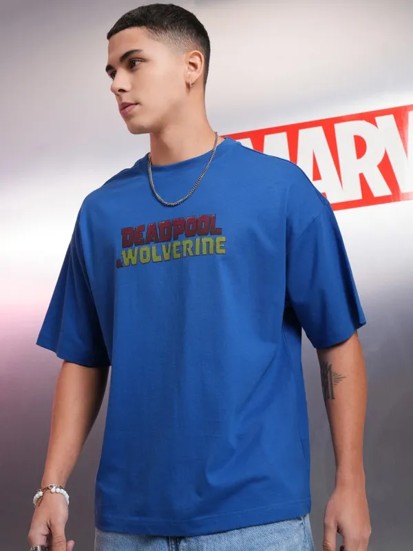 Marvel By Highlander Blue Wolverine Printed Oversized Fit T-Shirt