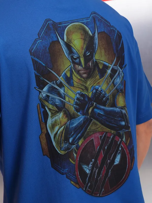 Marvel By Highlander Blue Wolverine Printed Oversized Fit T-Shirt
