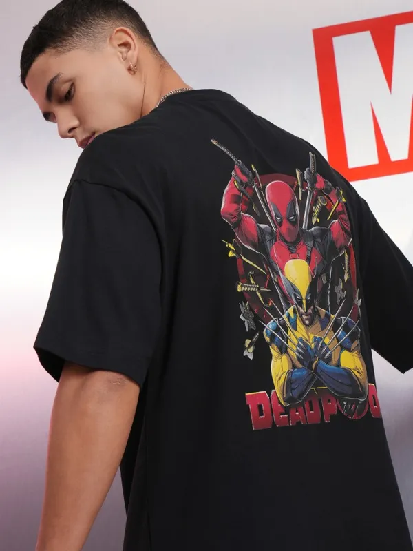Marvel By Highlander Men Black Deadpool And Wolverine Printed Round Neck Oversized Fit T-Shirt