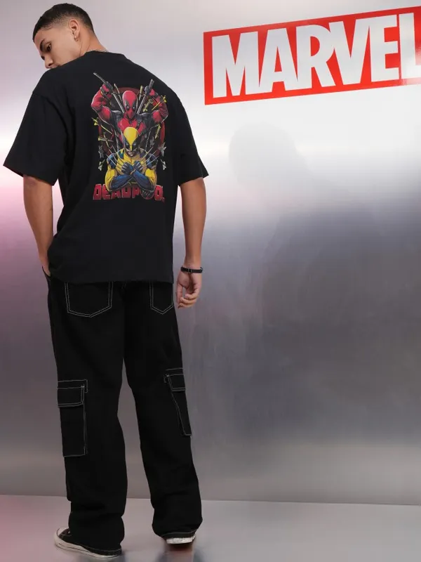 Marvel By Highlander Men Black Deadpool And Wolverine Printed Round Neck Oversized Fit T-Shirt