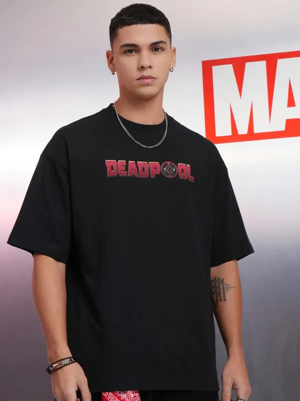 Marvel By Highlander Men Black Deadpool And Wolverine Printed Round Neck Oversized Fit T-Shirt