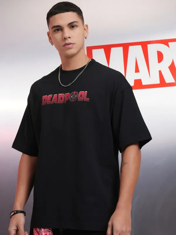 Marvel By Highlander Men Black Deadpool And Wolverine Printed Round Neck Oversized Fit T-Shirt