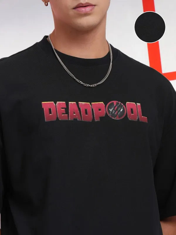 Marvel By Highlander Men Black Deadpool And Wolverine Printed Round Neck Oversized Fit T-Shirt