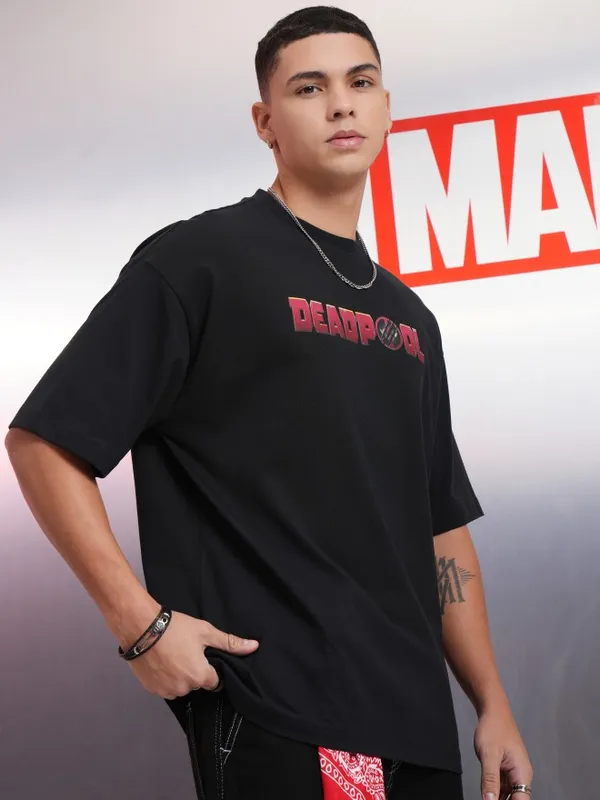 Marvel By Highlander Men Black Deadpool And Wolverine Printed Round Neck Oversized Fit T-Shirt