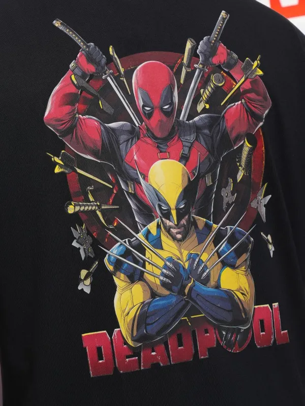 Marvel By Highlander Men Black Deadpool And Wolverine Printed Round Neck Oversized Fit T-Shirt