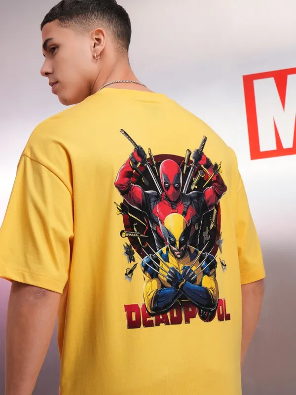 Marvel By Highlander Yellow Deadpool And Wolverine Printed Oversized Fit T-Shirt