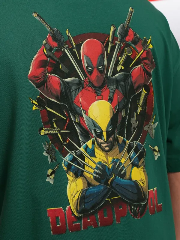 Marvel By Highlander Green Deadpool And Wolverine Printed Oversized Fit T-Shirt