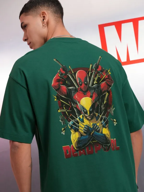 Marvel By Highlander Green Deadpool And Wolverine Printed Oversized Fit T-Shirt