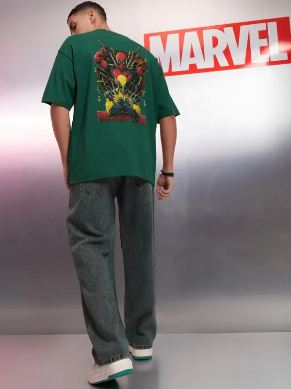 Marvel By Highlander Green Deadpool And Wolverine Printed Oversized Fit T-Shirt