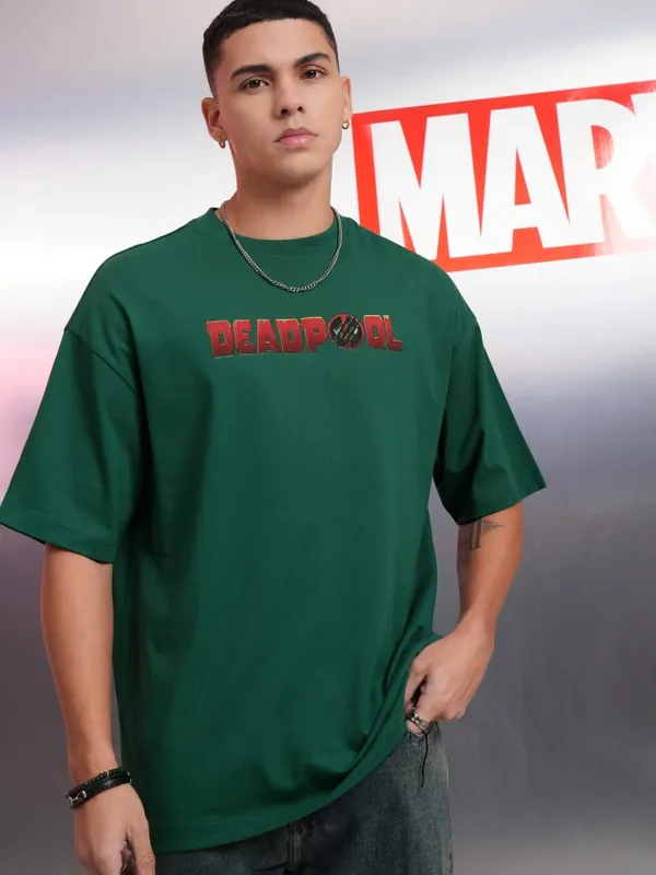 Marvel By Highlander Green Deadpool And Wolverine Printed Oversized Fit T-Shirt