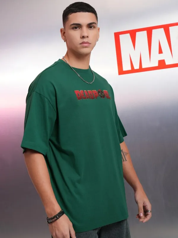 Marvel By Highlander Green Deadpool And Wolverine Printed Oversized Fit T-Shirt