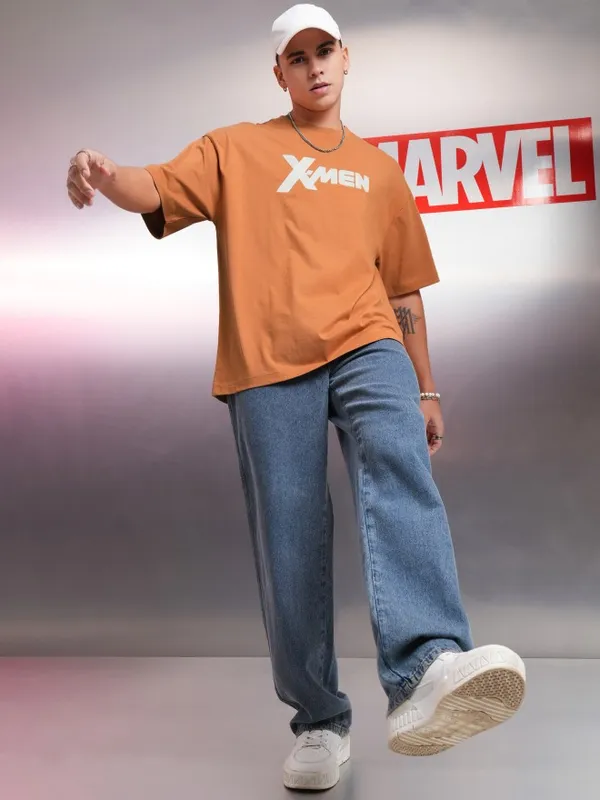 Marvel By Highlander Men Rust X-Men Printed Round Neck Oversized Fit T-Shirt