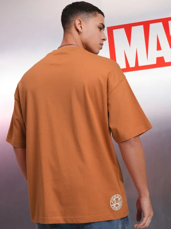 Marvel By Highlander Men Rust X-Men Printed Round Neck Oversized Fit T-Shirt