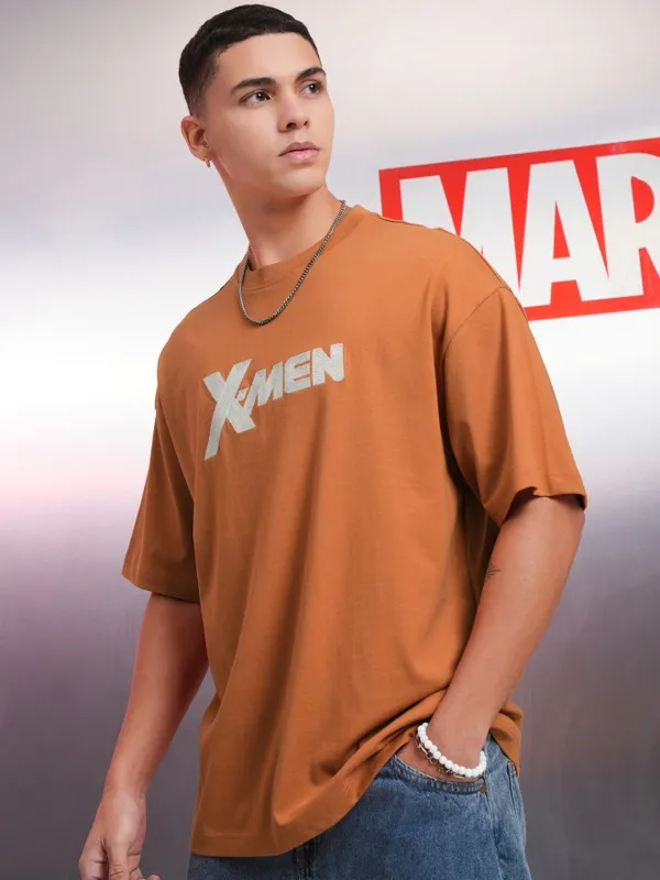 Marvel By Highlander Men Rust X-Men Printed Round Neck Oversized Fit T-Shirt
