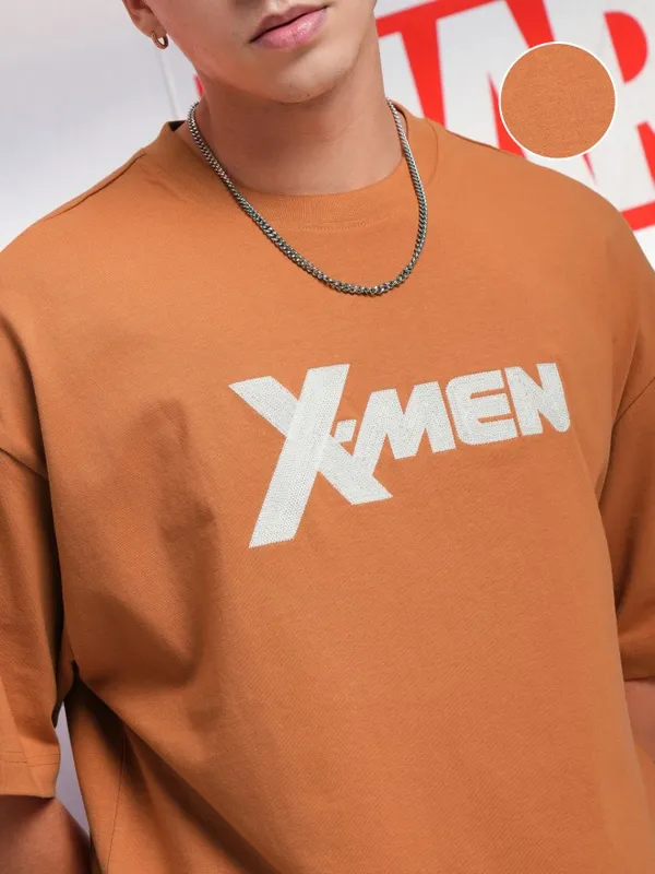 Marvel By Highlander Men Rust X-Men Printed Round Neck Oversized Fit T-Shirt