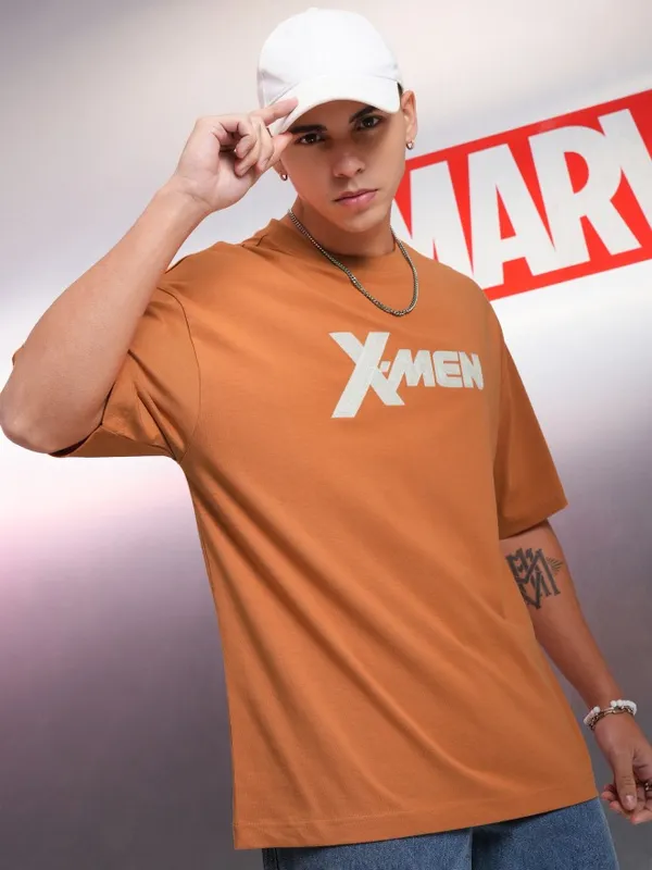 Marvel By Highlander Men Rust X-Men Printed Round Neck Oversized Fit T-Shirt