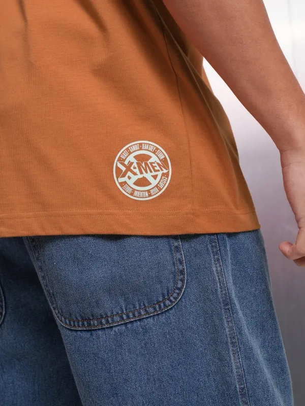 Marvel By Highlander Men Rust X-Men Printed Round Neck Oversized Fit T-Shirt