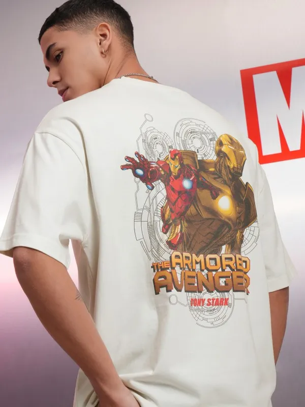 Marvel By Highlander Off White Iron Man Printed Oversized Fit T-Shirt