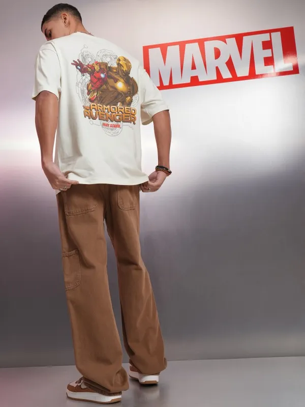 Marvel By Highlander Off White Iron Man Printed Oversized Fit T-Shirt