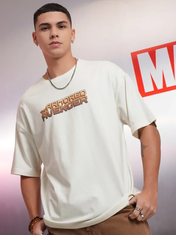 Marvel By Highlander Off White Iron Man Printed Oversized Fit T-Shirt