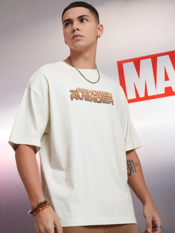 Marvel By Highlander Off White Iron Man Printed Oversized Fit T-Shirt