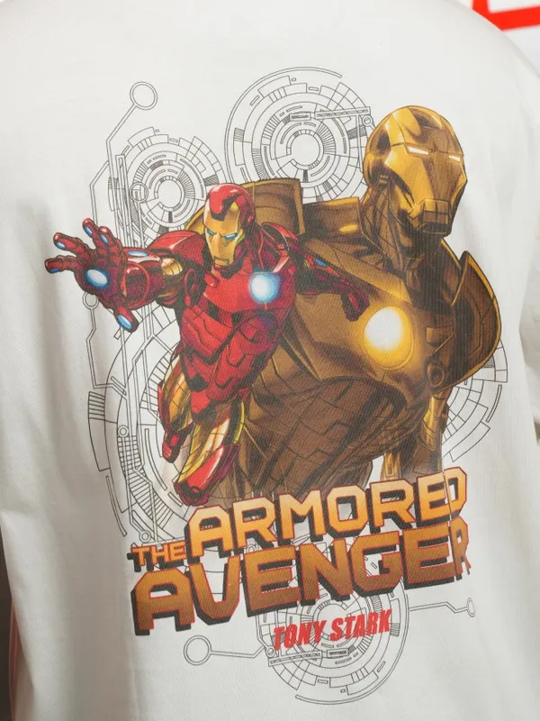 Marvel By Highlander Off White Iron Man Printed Oversized Fit T-Shirt