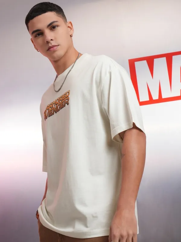 Marvel By Highlander Men Off White Iron Man Printed Round Neck Oversized Fit T-Shirt