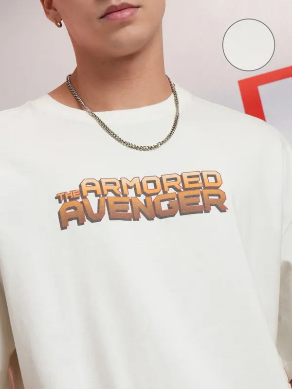 Marvel By Highlander Men Off White Iron Man Printed Round Neck Oversized Fit T-Shirt